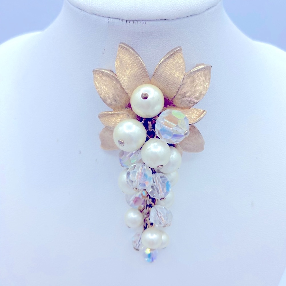 Vintage AB Crystal Beads And Faux Pearl With Brushed Gold Tone Leaves Brooch